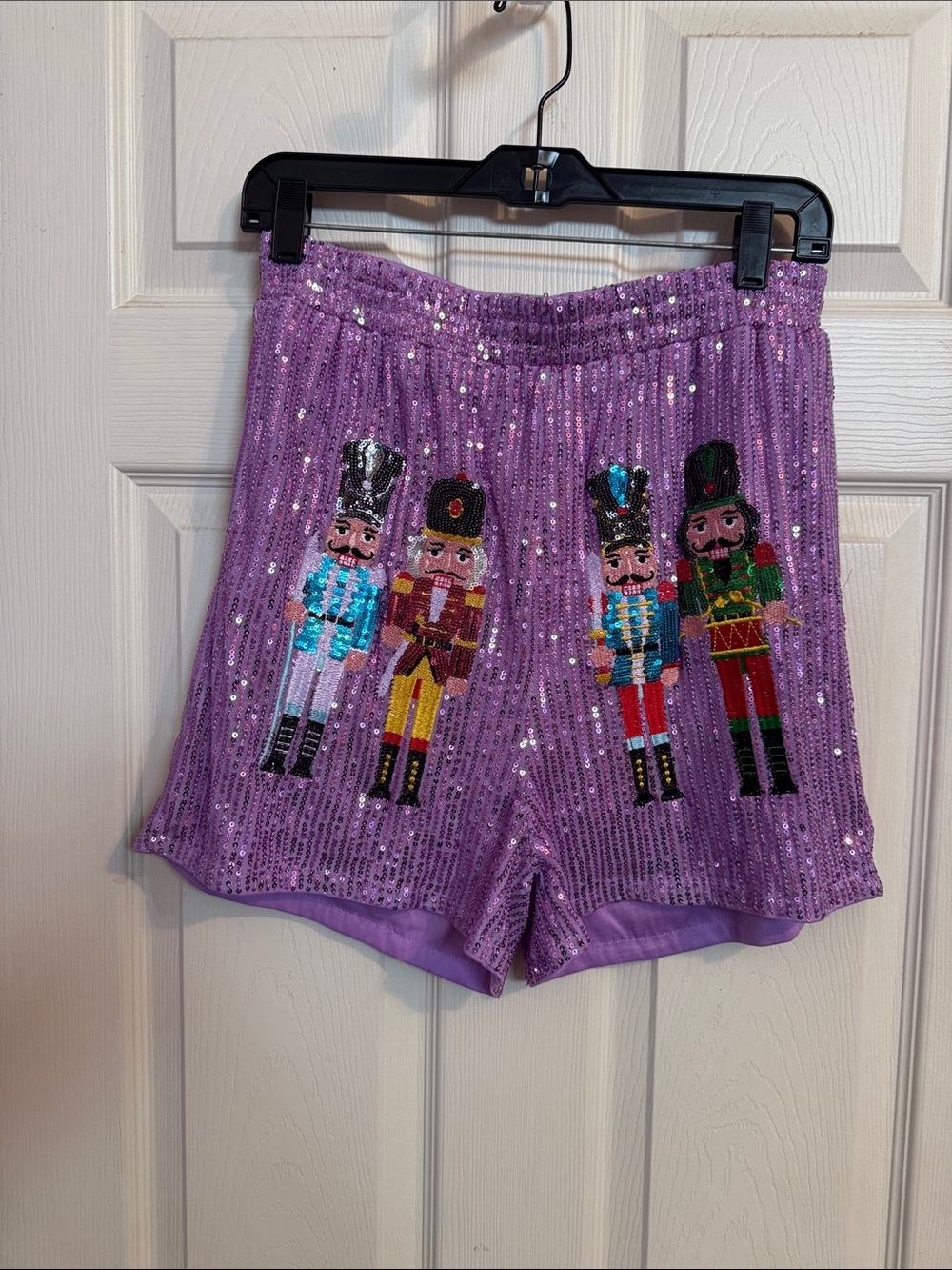 Women’s Front facing Purple Sequin Nutcracker Party Shorts